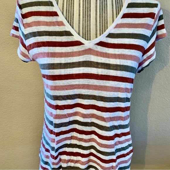 Linen Tee Medium White V-Neck Striped Olive Salmon Rust Short Sleeve 100% Linen - Picture 3 of 13